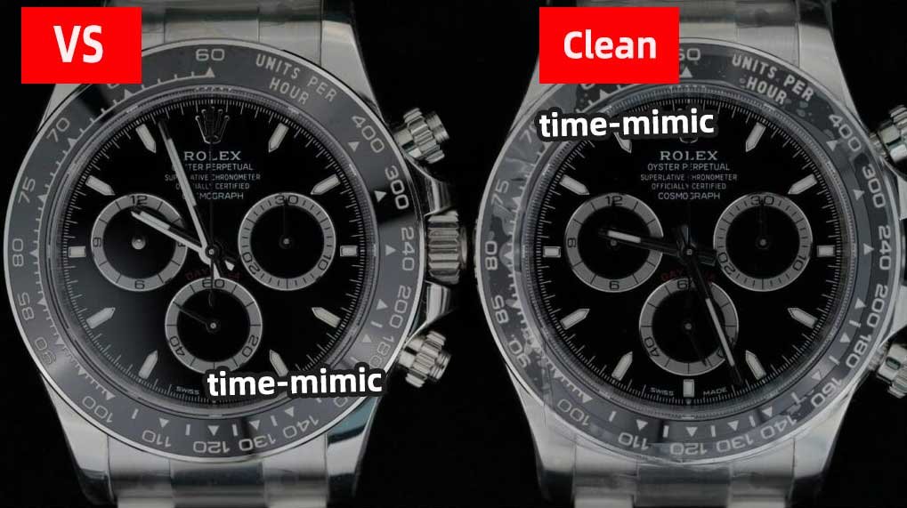 Rolex Daytona M126500LN-0002 black VS Factory (Dandong 4131)vs. CLEAN Factory (Shanghai 4131):Frontal comparison