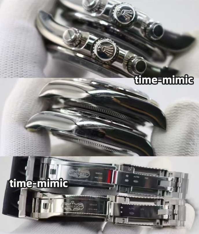 VS Factory Weighted Grey Oysterflex Daytona (m126519ln) vs. Genuine Rolex: Case and buckle details comparison pictures