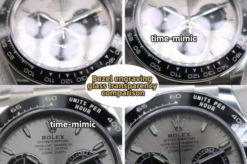 VS Factory Weighted Grey Oysterflex Daytona (m126519ln) vs. Genuine Rolex:Comparison picture of bezel engraving and glass