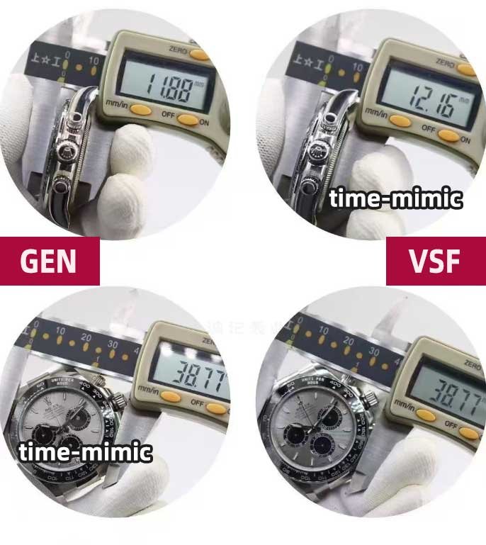 VS Factory Weighted Grey Oysterflex Daytona (m126519ln) vs. Genuine Rolex:Comparison picture of watch thickness and watch diameter