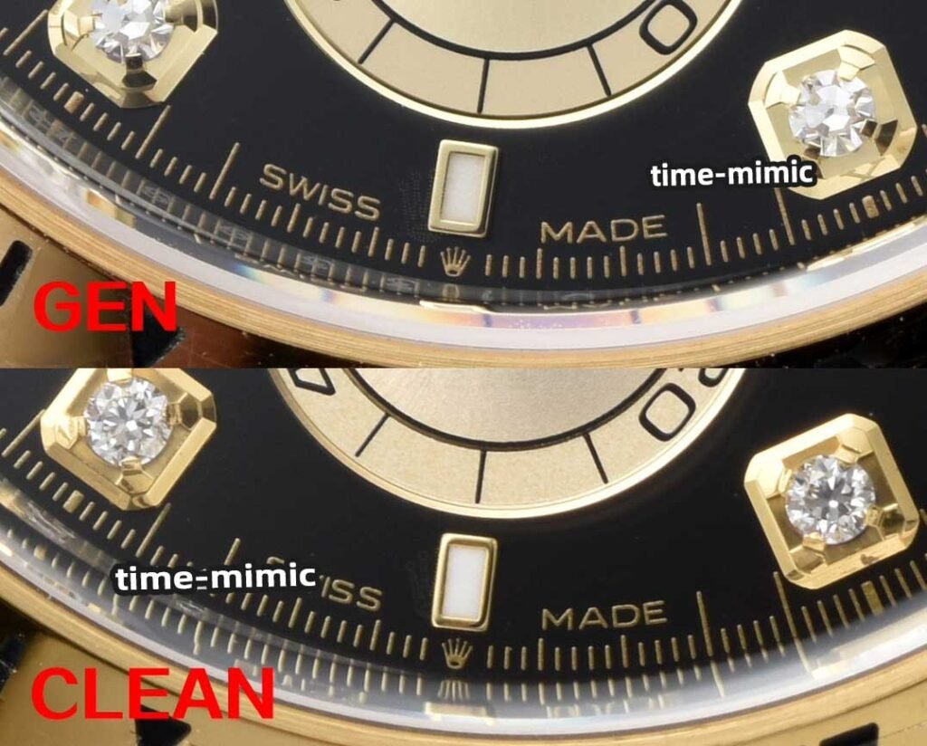 Genuine vs Replica: Clean Factory Rolex Daytona 126503 Two-Tone Diamond Markers 4131 Rolex Laser Etched Crown (LEC) & Dial Scale Nail comparison