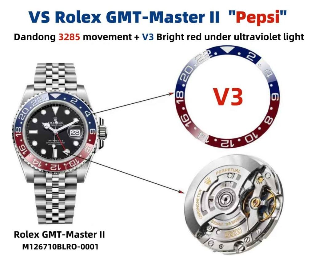 VS Factory Rolex GMT-Master II M126710BLRO-0001 Pepsi(Dandong 3285 movement + V3 Bright red under ultraviolet light)