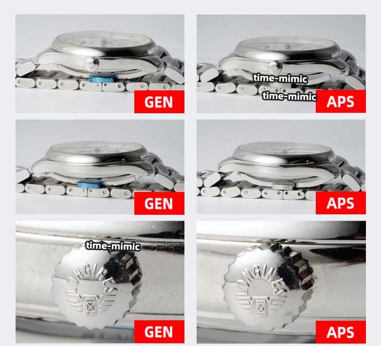 APS Factory Longines Master Collection L2.708.4.78.6 Replica vs. Genuine – case side profiles and winding crowns Comparison