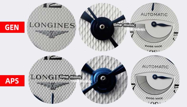 APS Factory Longines Master Collection L2.708.4.78.6 Replica vs. Genuine – logo, central axis, and 6 o'clock power reserve indicator comparison