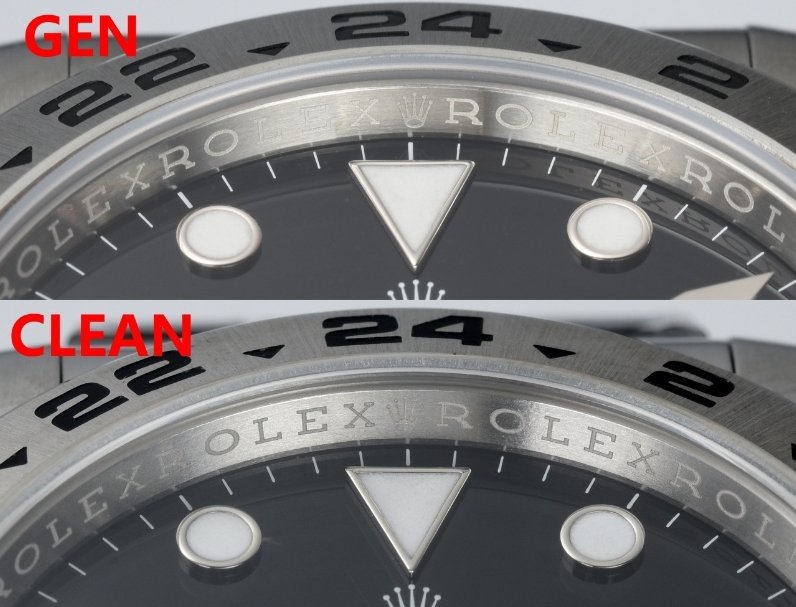 Clean Factory Rolex Explorer II 226570 Black Dial Review vs. Genuine rolex inner bezel engraving Comparison picture