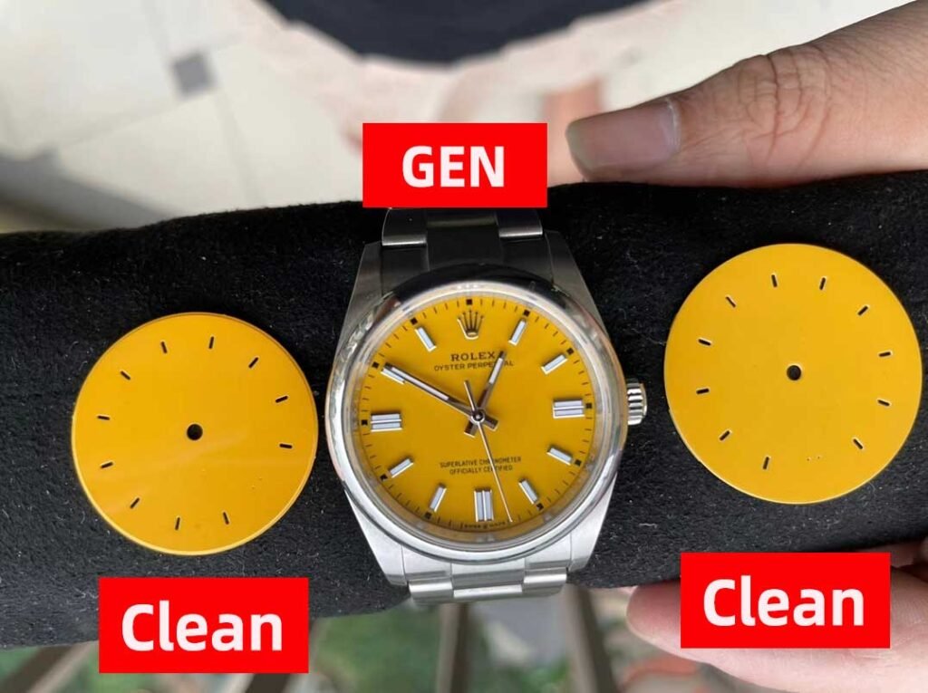 Fake vs Real Rolex Oyster Perpetual Comparison:Rolex Oyster Perpetual 124300 Yellow Dial Color Comparison