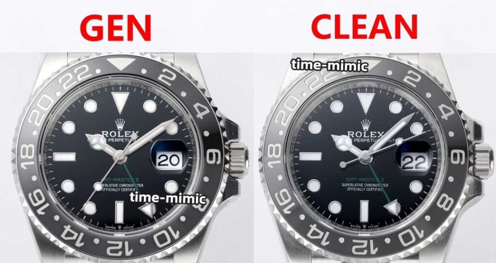 Clean factory Rolex GMT-Master II M126710GRNR-0003 replica watches vs. Genuine – Frontal comparison