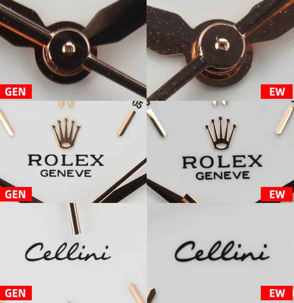 Dial Detail Comparison (Hands, Logo, Font)：EW Factory Rolex Cellini Fake vs Real