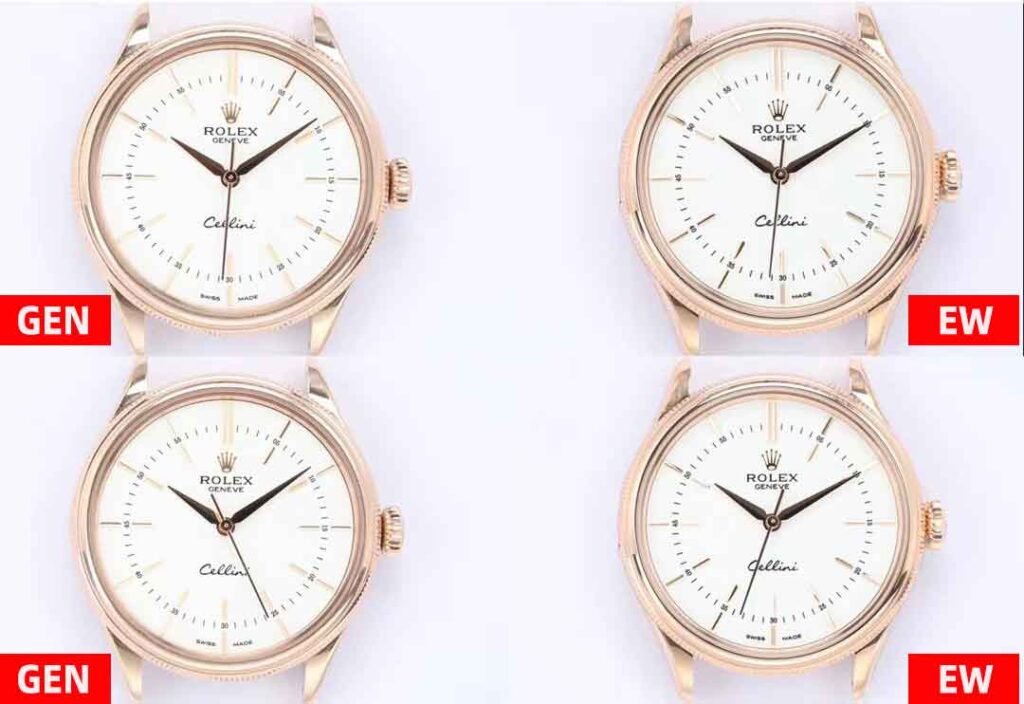 Front View Comparison：EW Factory Rolex Cellini Fake vs Real