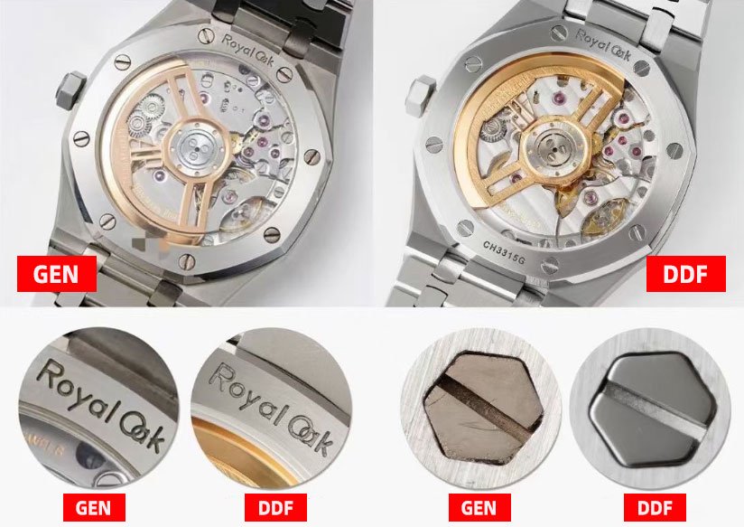 Audemars Piguet Royal Oak Replica vs Real 15510ST.OO.1320ST.06 Blue Dial：Back Cover Comparison