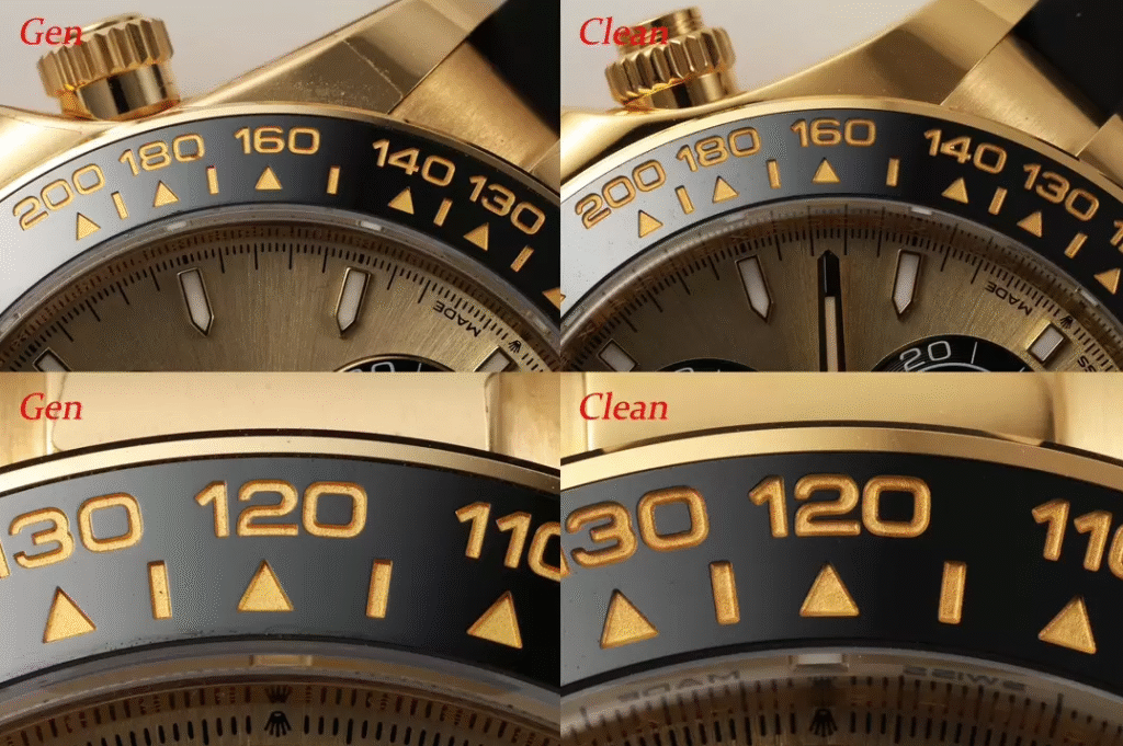 Clean Factory Watches Review Rolex Daytona Replica vs Real 126518-0012 Bezel Comparison