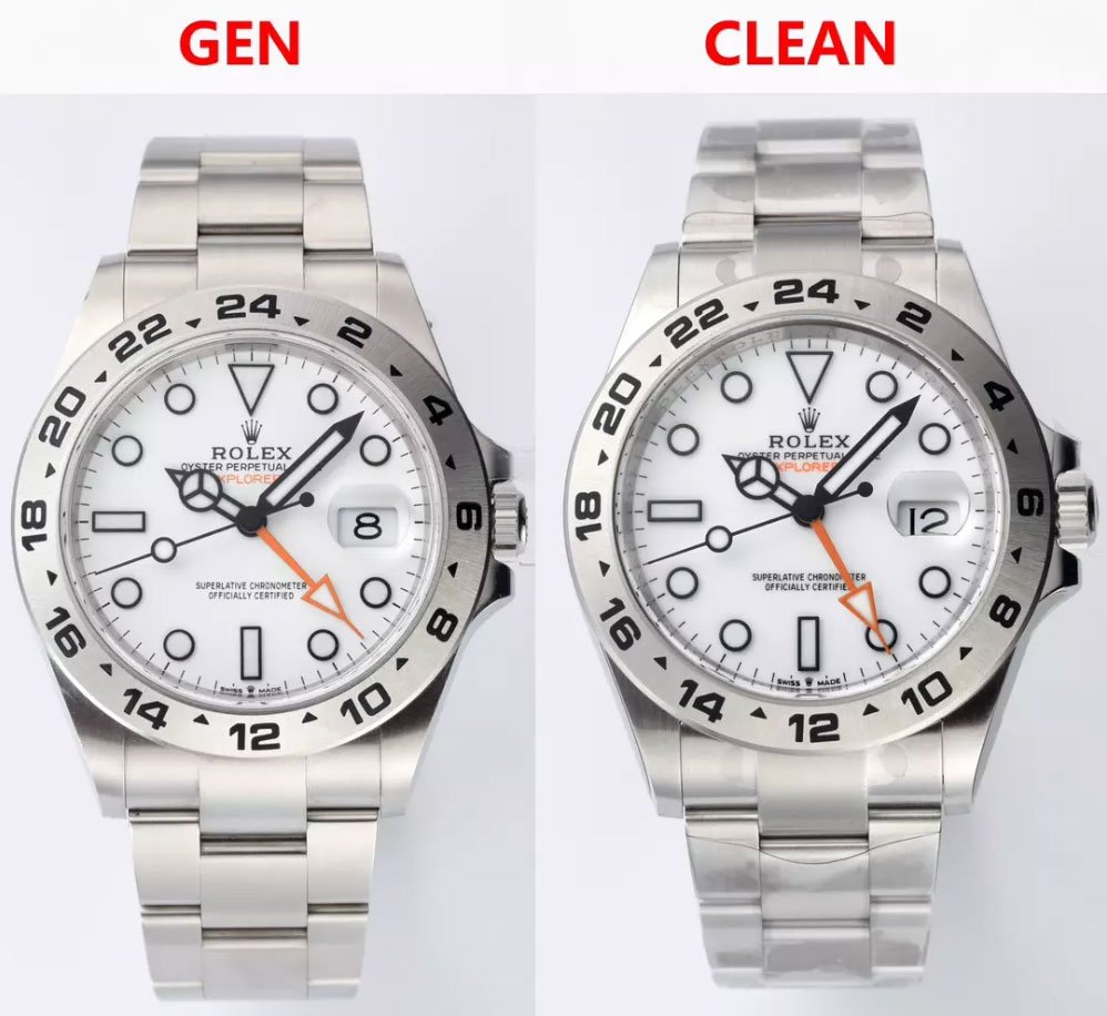 Clean Factory Rolex Explorer II M226570-0001 White Dial Fake vs Real：Front View Comparison