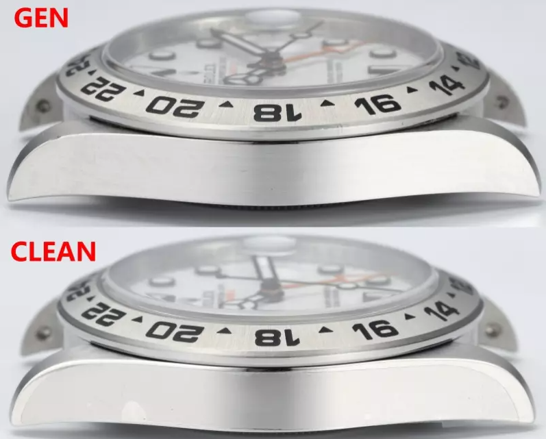 Clean Factory Rolex Explorer II M226570-0001 White Dial Fake vs Real：Case Side Comparison