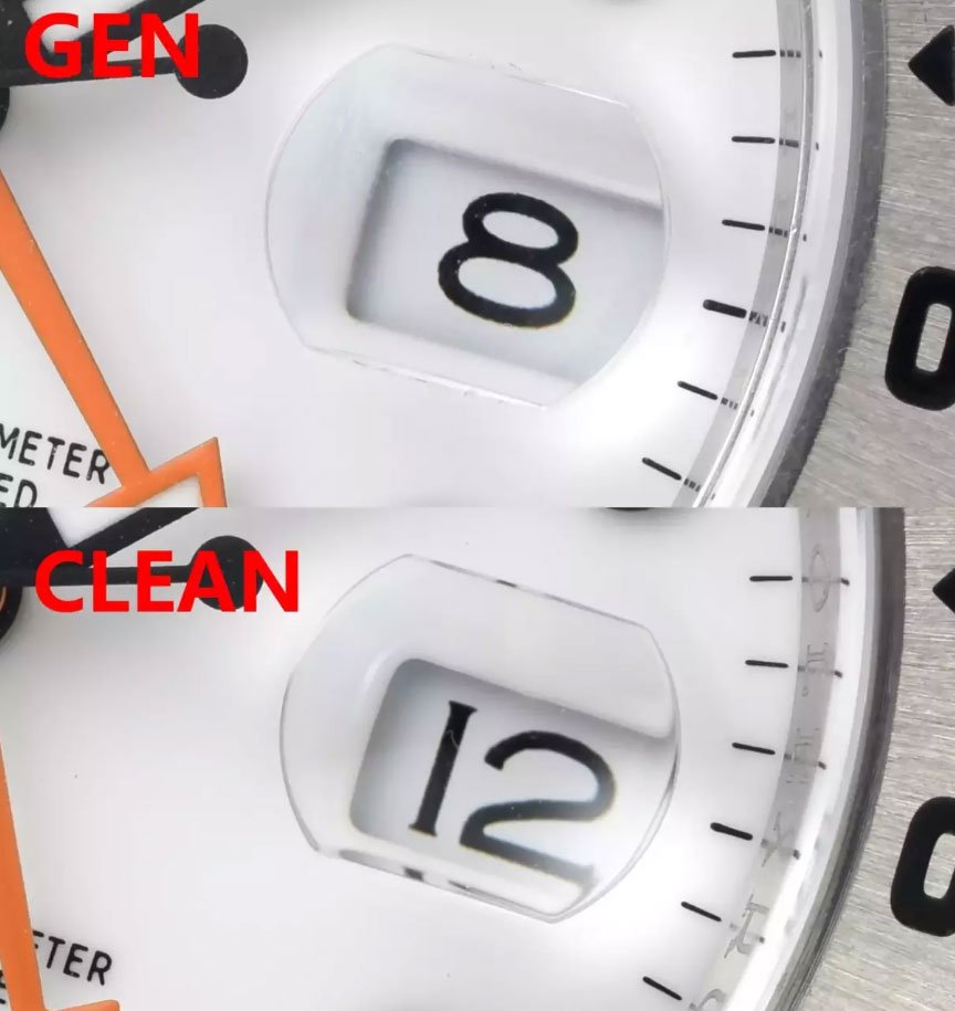 Clean Factory Rolex Explorer II M226570-0001 White Dial Fake vs Real：Dial Date Window Comparison