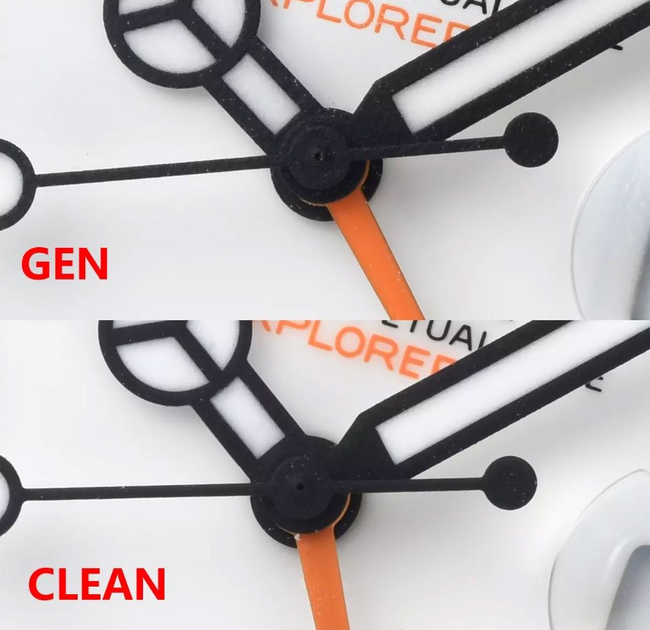 Clean Factory Rolex Explorer II M226570-0001 White Dial Fake vs Real：Dial Hand Stack and Center Axis Comparison