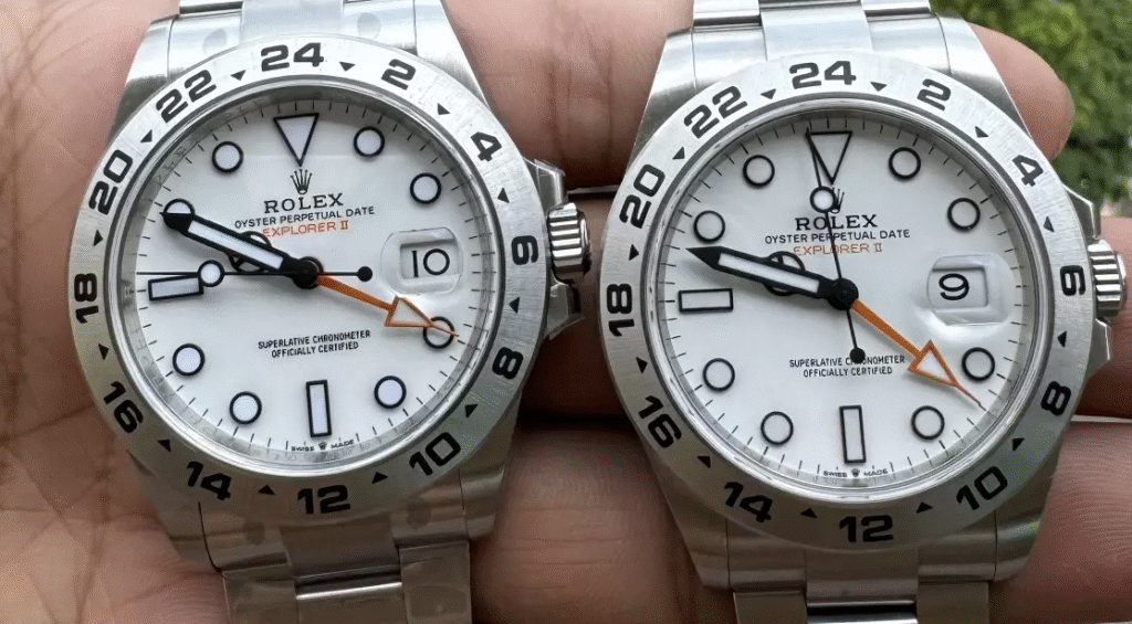Clean Factory Rolex Explorer II M226570-0001 White Dial Fake vs Real：Natural Light Comparison (2)