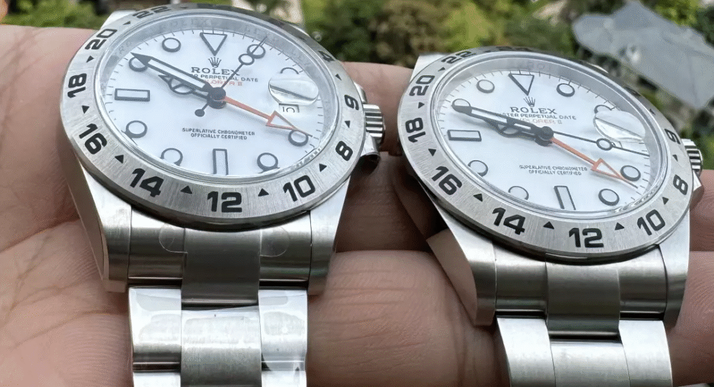 Clean Factory Rolex Explorer II M226570-0001 White Dial Fake vs Real：Natural Light Comparison (4)