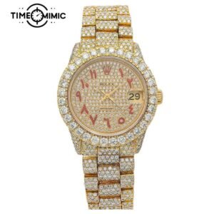 Supper Fully Iced Out Rolex Datejust Diamond Gold Arabic Numeral Dial Replica Fake Watches Clone