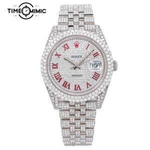 Supper Replica Fully Iced Out Rolex Datejust Diamond Gold Twe-Tone Red Rome Numeral Dial Fake Watches Clone