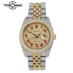 Supper Fully Iced Out Rolex Datejust Diamond Replica Gold Twe-Tone Arabic Numeral Dial Fake Watches Clone