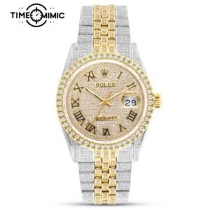 Supper Replica Fully Iced Out Rolex Datejust Diamond Gold Twe-Tone Rome Numeral Dial Fake Watches Clone