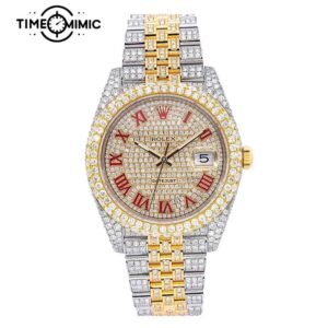 Supper Fully Iced Out Rolex Datejust Diamond Replica Gold Twe-Tone Rome Numeral Dial Fake Watches Clone