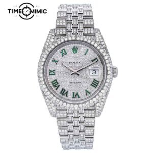 Supper Replica Fully Iced Out Rolex Datejust Diamond Green Roman Numeral Dial Jubilee Fake Watches clone
