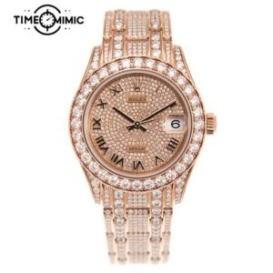 Supper Fully Iced Out Rolex Datejust Diamond Replica Rose Gold Rome Numeral Dial Fake Watches Clone