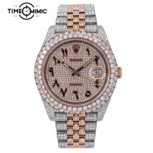Supper Fully Iced Out Rolex Datejust Diamond Replica Rose Gold Twe-Tone Arabic Numeral Dial Jubilee Fake Watches clone