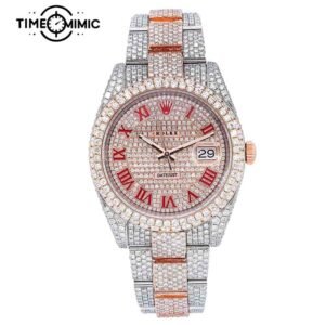 Supper Fully Iced Out Rolex Datejust Diamond Replica Rose Gold Twe-Tone Rome Numeral Dial Fake Watches Clone