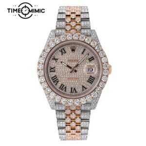 Supper Fully Iced Out Rolex Datejust Diamond Replica Rose Gold Twe-Tone Rome Numeral Dial Jubilee Fake Watches Clone