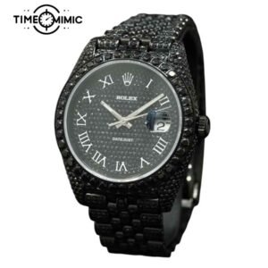 Supper Fully Iced Out Rolex Datejust Replica Black Diamond Roman Numeral Dial Fake Watches Clone