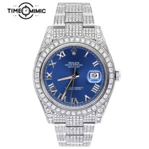 Supper Iced Out Rolex Datejust Blue Replica Diamond 41mm Fake Watches Clone
