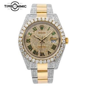Supper Replica Iced Out Rolex Datejust Diamond Gold Twe-Tone Green Rome Numeral Dial Oyster Bracelet Fake Watches Clone