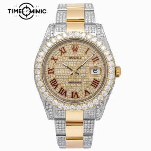 Supper Replica Iced Out Rolex Datejust Diamond Gold Twe-Tone Red Rome Numeral Dial Oyster Bracelet Fake Watches Clone