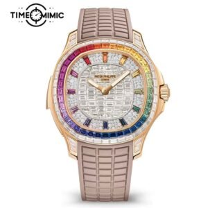Supper Replica Patek Philippe Aquanaut 5260/355R-001 38.8mm Rainbow Iced Out Rose Gold Fake Watches clone-Dusty Pink Rubber Watch Strap
