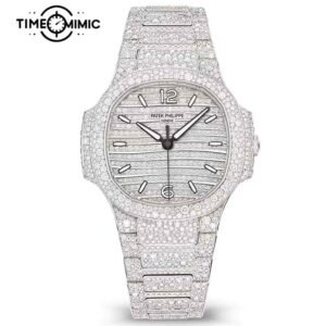 Supper Replica Patek Philippe Nautilus 7118/1450G-001 35.2mm Diamond Fully Iced Out Fake Lady Watches Clone