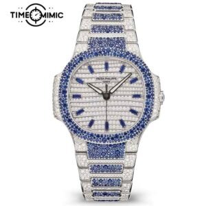 Supper Replica Patek Philippe Nautilus 7118/1451G-001 35.2mm Blue Diamond Fully Iced Out Fake Lady Watches Clone