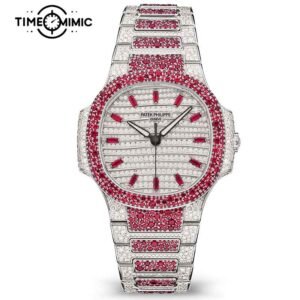 Supper Replica Patek Philippe Nautilus 7118/1452G-001 35.2mm Red Diamond Fully Iced Out Fake Lady Watches Clone