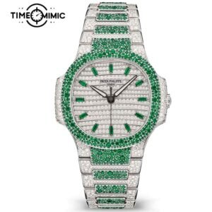 Supper Replica Patek Philippe Nautilus 7118/1453G-001 35.2mm Green Diamond Fully Iced Out Fake Lady Watches Clone