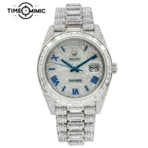 Supper Replica Rolex Day-Date Fully Iced Out Blue Rome Dial 40mm Diamond Fake Watches Clone