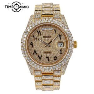Supper Replica Rolex Day-Date Gold Fully Iced Out Arabic Dial 40mm Diamond Fake Watches Clone