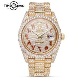 Supper Replica Rolex Day-Date Gold Fully Iced Out Arabic Dial 40mm Diamond Fake Watches Clone