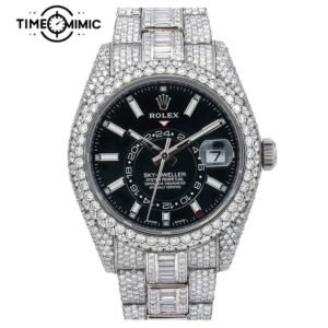 Supper Replica Rolex Sky-Dweller Black Dial Iced Out Diamond 42mm Fake Watches Clone
