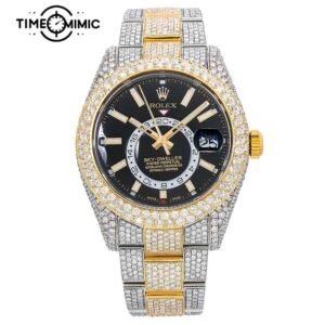 Supper Replica Rolex Sky-Dweller Two-Tone Black Dial Iced Out Diamond 42mm Fake Watches Clone
