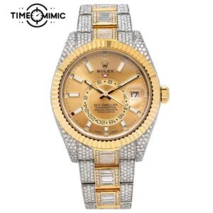Supper Replica Rolex Sky-Dweller Two-Tone Gold Dial Iced Out Diamond 42mm Fake Watches Clone
