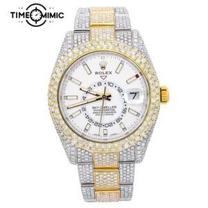 Supper Replica Rolex Sky-Dweller Two-Tone White Dial Iced Out Diamond 42mm Fake Watches Clone