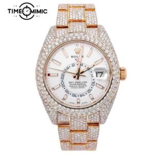 Supper Replica Rolex Sky-Dweller White Dial Iced Out Diamond Rose Gold 42mm Fake Watches Clone