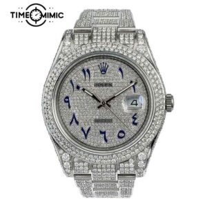 Supper Replica Fully Iced Out Rolex Datejust Diamond Blue Arabic Numeral Dial Fake Watches Clone