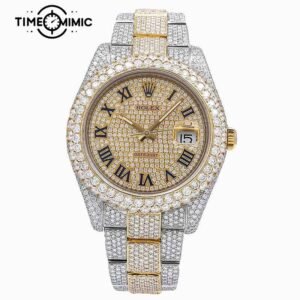 Supper Fully Iced Out Rolex Datejust Diamond Replica Gold Twe-Tone Black Rome Numeral Dial Fake Watches Clone